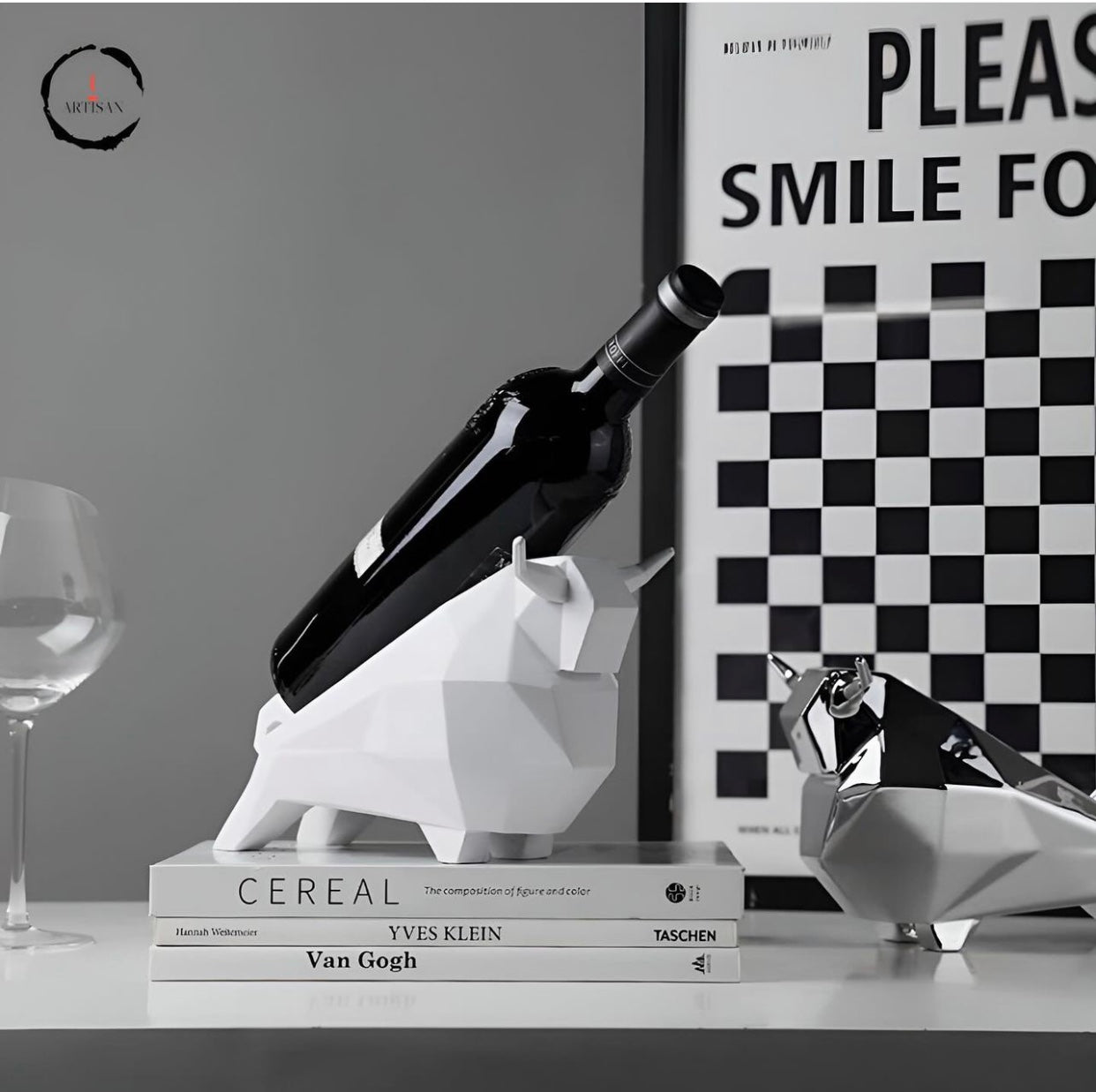 Geometric Surface Bull Shaped Wine Bottle Rack