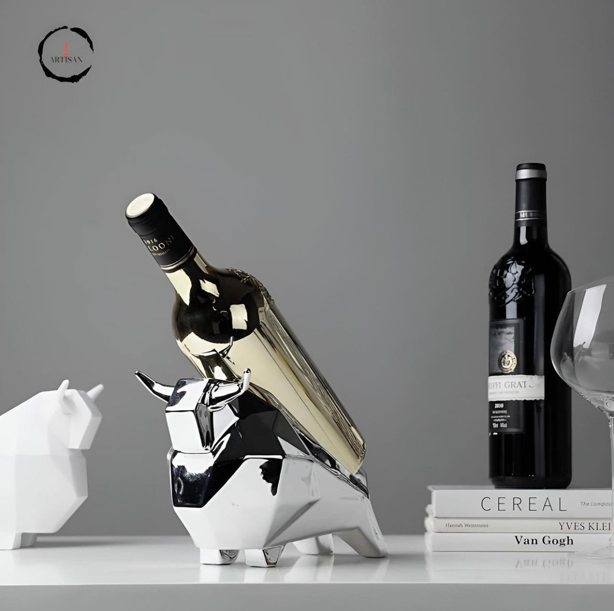 Geometric Surface Bull Shaped Wine Bottle Rack