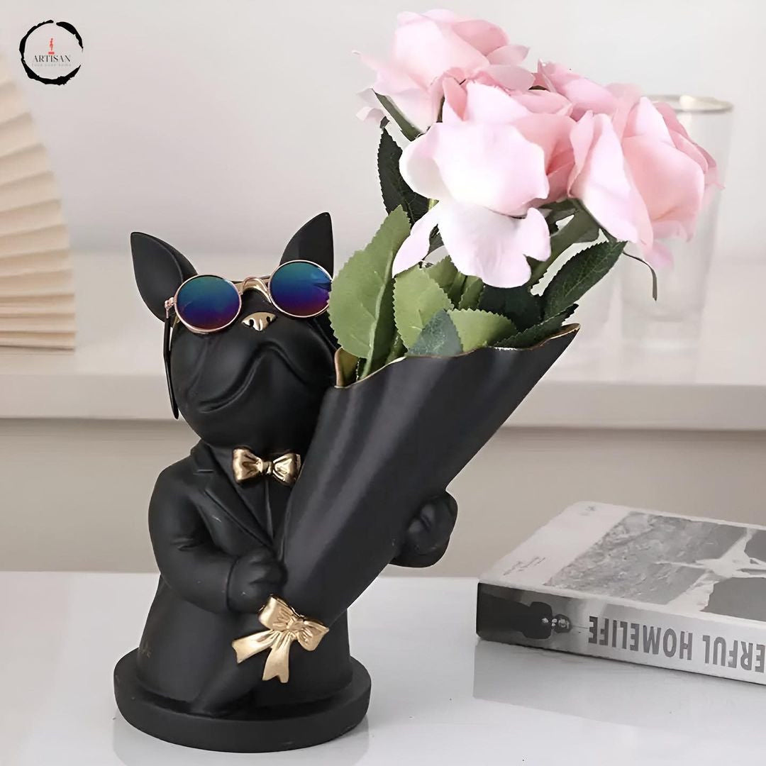 French Bulldog Figurine Holding Floral Vase