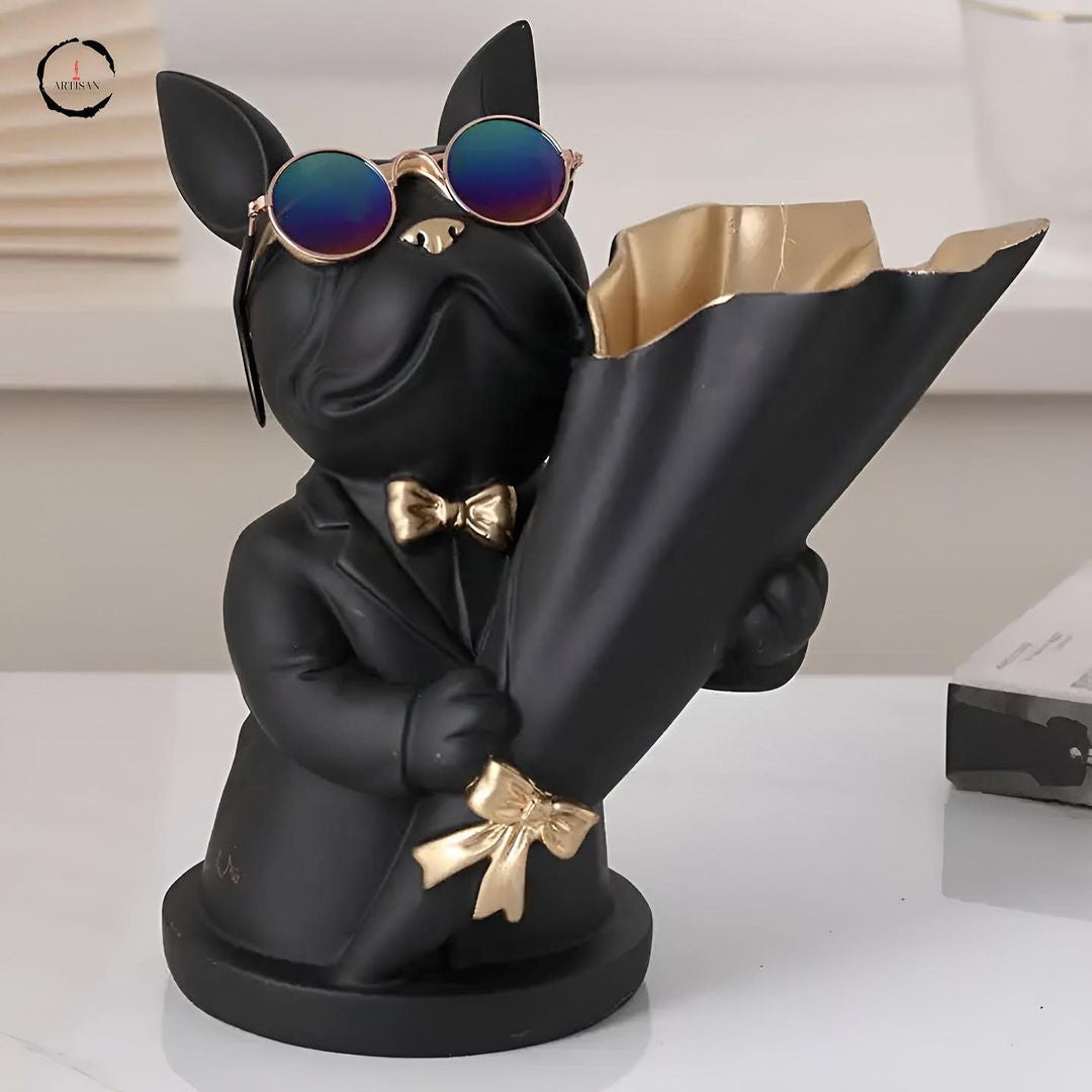 French Bulldog Figurine Holding Floral Vase