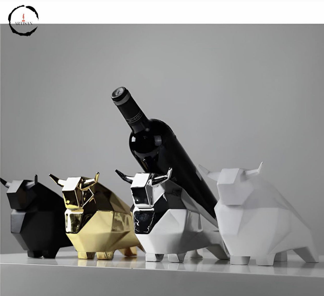 Geometric Surface Bull Shaped Wine Bottle Rack